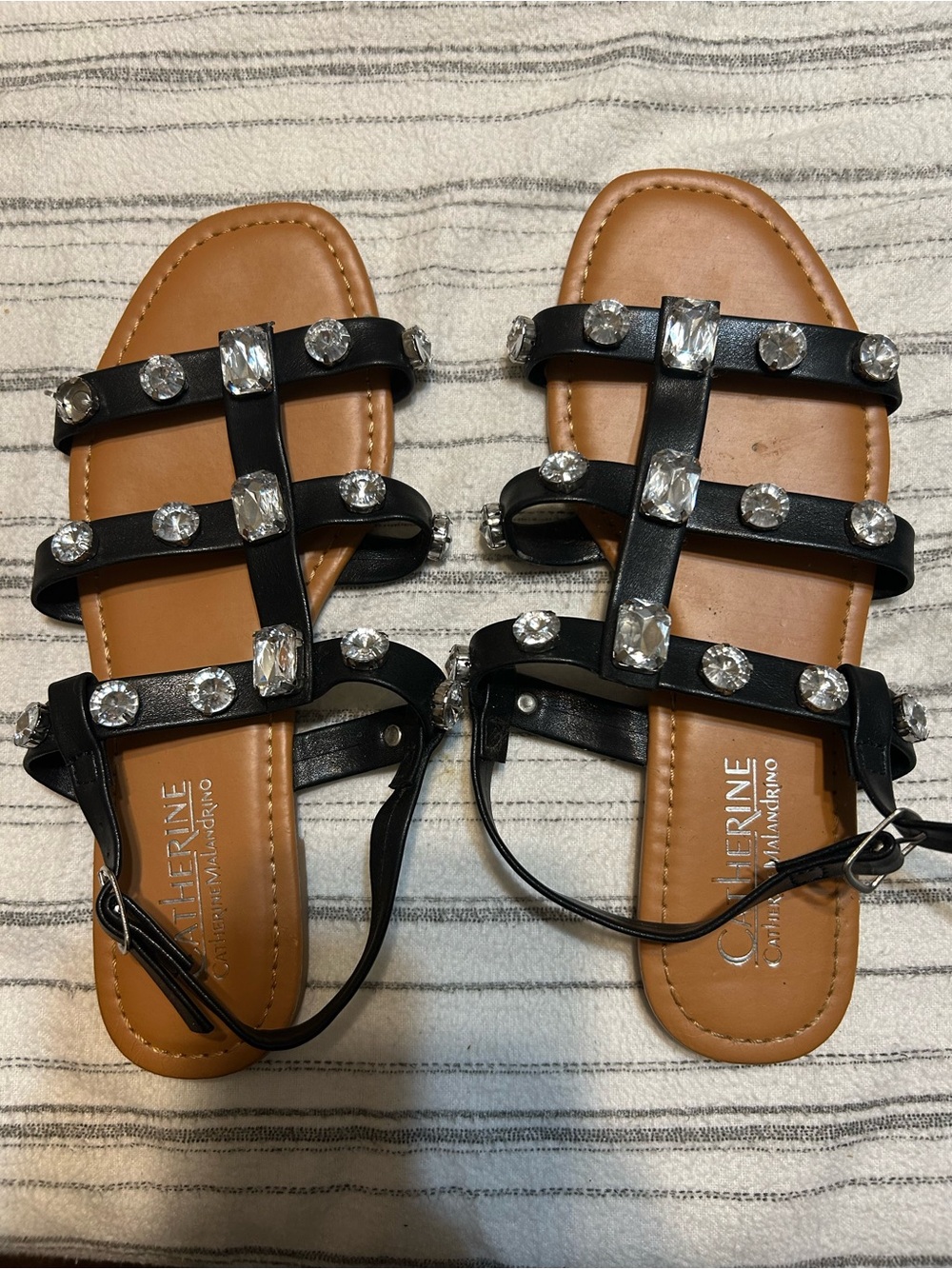 Catherine Malandrino Black Crystal-Strap Flat Sandals